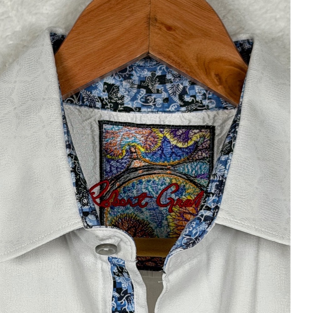 Robert Graham Button Down Mens L White Jacquard Paisley Trim Knowledge Wisdom